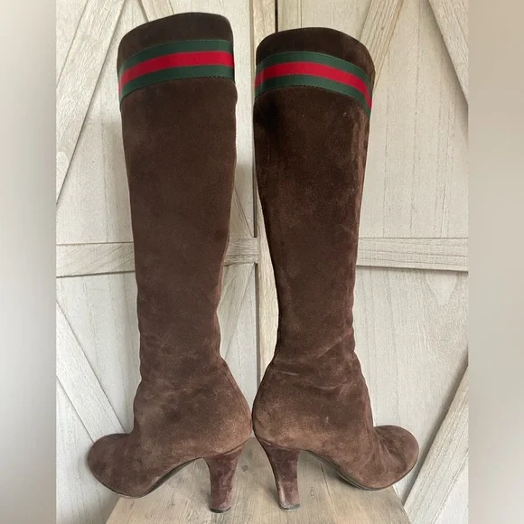 Gucci tall brown suede leather boots with classic web detail size 37 - Picture 8 of 15